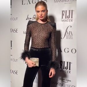 NADINE MERABI Black Sequin Jumpsuit with Feather Details